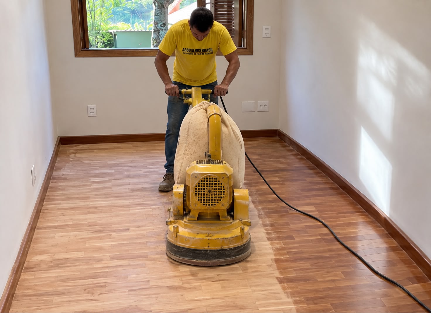 Profissional da Assoalhos Brasil operando máquina de raspagem de piso